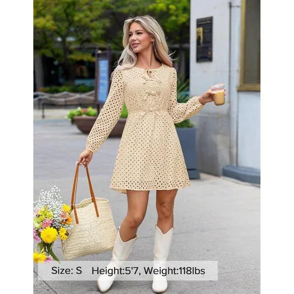Women's Long Sleeve Mini Dress Viscose Fall Casual Tie Front Eyelet - Picture 7 of 7